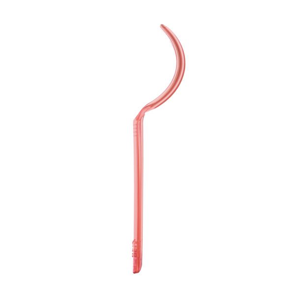 A coral color plastic bent pick with a long handle.